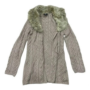 It’s Our Time Beige Faux Fur Collar Pierced Knit Cardigan Sweater M